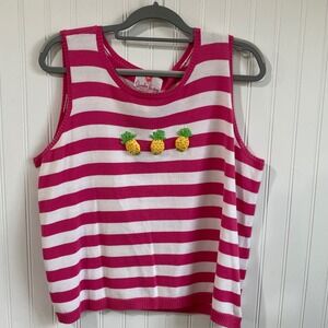 Quacker Factory Knit Tank Top Striped Crocheted‎ Pineapple Sleeveless Top XL